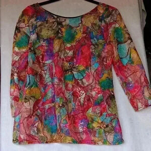 Womens L sheer flower watercolor colorful mesh top with built in black tank